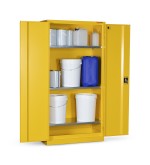 A steel Armorgard lockable flammable-liquids storage cabinet with double doors and sump containment, for safely storing hazardous substances on site.