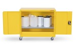 A steel Armorgard lockable flammable-liquids storage cabinet with double doors and sump containment, for safely storing hazardous substances on site.
