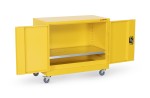 A steel Armorgard lockable flammable-liquids storage cabinet with double doors and sump containment, for safely storing hazardous substances on site.