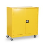 A steel Armorgard lockable flammable-liquids storage cabinet with double doors and sump containment, for safely storing hazardous substances on site.