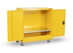 A steel Armorgard lockable flammable-liquids storage cabinet with double doors and sump containment, for safely storing hazardous substances on site.