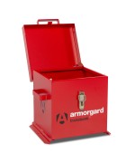A steel Armorgard heavy-duty site storage unit with a steel construction, secure locking, and a load-rated base.