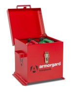 A steel Armorgard heavy-duty site storage unit with a steel construction, secure locking, and a load-rated base.