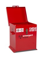 A steel Armorgard heavy-duty site storage unit with a steel construction, secure locking, and a load-rated base.