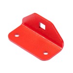 Bright red metal bracket with a textured finish, featuring two round holes at the base and one square hole on the upright section, placed against a white background.