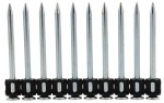 Ten metal nails with pointed tips are aligned vertically in a row, connected at the bottom by black plastic fasteners.