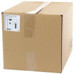 A large, sealed cardboard box with a white product label on the front, featuring text, numbers, and a barcode. Clear tape secures the top of the box. The background is plain white.