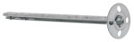 A metal wall anchor with a flat, round flange featuring four holes and a long, cylindrical shaft. It appears silver or gray in color and is designed for securing objects to walls.