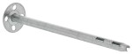 A metal insulation fixing pin with a round perforated plate at one end and a long, hollow shaft featuring two rectangular slots near the pointed tip.
