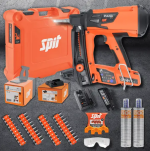 An orange and black Spit cordless nail gun with a magazine feed and safety tip, for driving nails quickly in timber framing and carpentry.