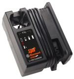 An orange and black Spit battery charger compatible with the slide-pack lithium-ion batteries, with charge indicator LEDs.