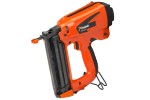 A Paslode cordless stapler with a magazine feed and safety tip, for fastening materials using heavy-duty staples.