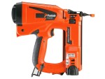 A Paslode cordless stapler with a magazine feed and safety tip, for fastening materials using heavy-duty staples.