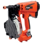 An orange and black Paslode cordless brad nailer with an angled magazine, designed for driving fine brad nails in trim and finish carpentry.