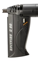 An orange and black Spit cordless power tool, with an ergonomic grip, designed for use on construction and maintenance tasks.
