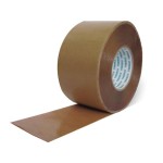 A roll of brown packing tape with a partially unrolled strip, standing upright on a white background. The tape has a glossy surface and a white inner core with green text.