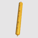 A cylindrical yellow object with text and markings spiraling around its surface, featuring metal loops at both ends, isolated on a plain light background.