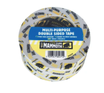 A roll of Mammoth brand multi-purpose double-sided tape with a blue label, featuring yellow and black branding. The packaging highlights its high tack adhesive and suitability for most surfaces.