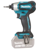 A teal and black Makita cordless impact driver with a 18V motor, a hex-chuck, and variable speed, for high-torque screw driving and fastening.