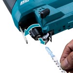 A teal and black Makita cordless jigsaw with 18V orbital action and a variable-speed trigger, for cutting curves and internal shapes.