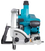 A teal and black Makita cordless circular saw with a 18V motor, an adjustable bevel plate, and a blade guard, for ripping and cross-cutting timber.