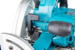 A teal and black Makita cordless circular saw with a 18V motor, an adjustable bevel plate, and a blade guard, for ripping and cross-cutting timber.