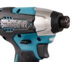 A teal and black Makita cordless impact driver with a 18V motor, a hex-chuck, and variable speed, for high-torque screw driving and fastening.