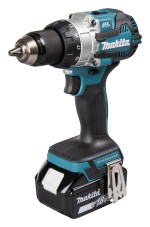 A teal and black Makita cordless combi drill with an 18V motor, a 13mm keyless chuck, and hammer, drill, and screwdriver modes.