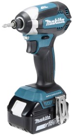 A teal and black Makita cordless combi drill with an 18V motor, a 13mm keyless chuck, and hammer, drill, and screwdriver modes.
