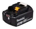 A black Makita 18V lithium-ion 5.0Ah rechargeable battery pack with a charge level indicator and yellow connector, designed for use with cordless power tools.