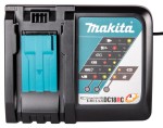 A teal and black Makita battery charger compatible with the 2Vslide-pack lithium-ion batteries, with charge indicator LEDs.