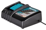 A teal and black Makita battery charger compatible with the 2Vslide-pack lithium-ion batteries, with charge indicator LEDs.