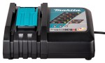 A teal and black Makita battery charger compatible with the 2Vslide-pack lithium-ion batteries, with charge indicator LEDs.