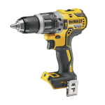A yellow and black DEWALT cordless combi drill with an 18V motor, a 13mm keyless chuck, and hammer, drill, and screwdriver modes.