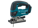 A teal and black Makita cordless jigsaw with 18V orbital action and a variable-speed trigger, for cutting curves and internal shapes.