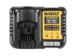 A yellow and black DEWALT battery charger compatible with the slide-pack lithium-ion batteries, with charge indicator LEDs.