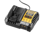 A yellow and black DEWALT battery charger compatible with the slide-pack lithium-ion batteries, with charge indicator LEDs.