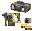 A yellow and black DEWALT cordless combi drill with an 18V motor, a 13mm keyless chuck, and hammer, drill, and screwdriver modes.