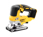 A yellow and black DEWALT cordless jigsaw with 18V orbital action and a variable-speed trigger, for cutting curves and internal shapes.