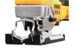 A yellow and black DEWALT cordless jigsaw with 18V orbital action and a variable-speed trigger, for cutting curves and internal shapes.