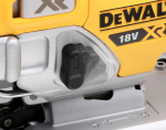 A yellow and black DEWALT cordless jigsaw with 18V orbital action and a variable-speed trigger, for cutting curves and internal shapes.
