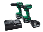 A green and black HiKOKI cordless combi drill with an 18V motor, a 13mm keyless chuck, and hammer, drill, and screwdriver modes.