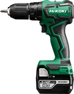 A green and black HiKOKI cordless combi drill with an 18V motor, a 13mm keyless chuck, and hammer, drill, and screwdriver modes.