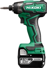 A green and black HiKOKI cordless combi drill with an 18V motor, a 13mm keyless chuck, and hammer, drill, and screwdriver modes.