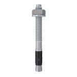 A metal M12 through bolt anchor with a hex nut and washer, featuring a threaded shaft and expansion sleeve, designed for securing heavy loads to concrete or masonry surfaces.