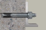 A metal M12 through bolt anchor with a hex nut and washer, featuring a threaded shaft and expansion sleeve, designed for securing heavy loads to concrete or masonry surfaces.