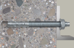 A galvanised M16 through bolt anchor with a hex nut and washer, featuring a threaded shaft and expansion sleeve, designed for securing heavy loads to concrete or masonry surfaces.