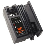 An orange and black Spit battery charger compatible with the slide-pack lithium-ion batteries, with charge indicator LEDs.