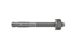 A metal through bolt anchor with a hex nut and washer, featuring a threaded shaft and expansion sleeve, designed for securing heavy loads to concrete or masonry surfaces.