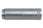 A metal M16 drop-in anchor with an internally threaded barrel and an expansion clip, designed for flush installation into pre-drilled holes in concrete.